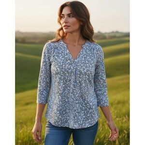 H&M Women's Large Black & Blue Floral Print Henley Peasant Tunic Top 3/4 Sleeves